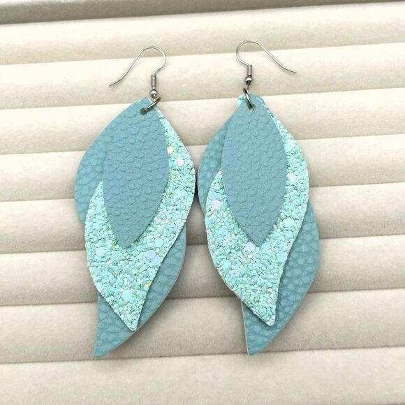 Green Faux Leather with Sequin Layered Leaf 316L Stainless Steel Hook Earrings - Picture 3 of 9